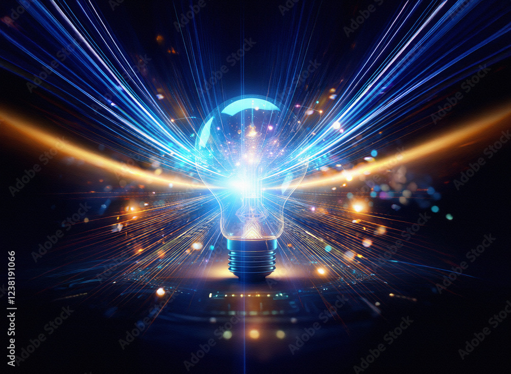 Poster abstract sci-fi double exposure image of a glowing lightbulb, radiating energy against a dark backgr