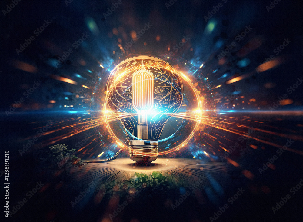 Poster abstract sci-fi double exposure image of a glowing lightbulb, encircled by energy streams against a 