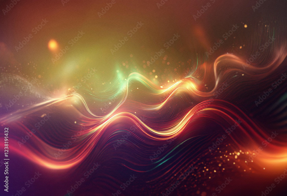 Poster Abstract image of flowing, luminous waves in warm colors.  Glowing particles and streaks create a dynamic, energetic feel. Hints of teal and red flow across the image.