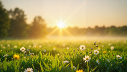 Obraz premium Meadow with daisies and sunlight at spring equinox with soft morning mist