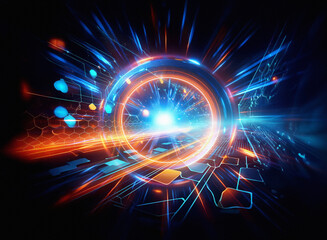 Fototapeta premium Abstract sci-fi double exposure background image featuring a glowing ring and vibrant energy streams. Intense colors and dynamic light effects create a futuristic feel.