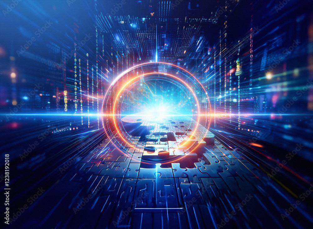 Poster Abstract sci-fi background featuring a double exposure effect. Glowing orange ring, digital elements, and a futuristic technological landscape.  Intricate circuitry and energy beams create a dynamic c