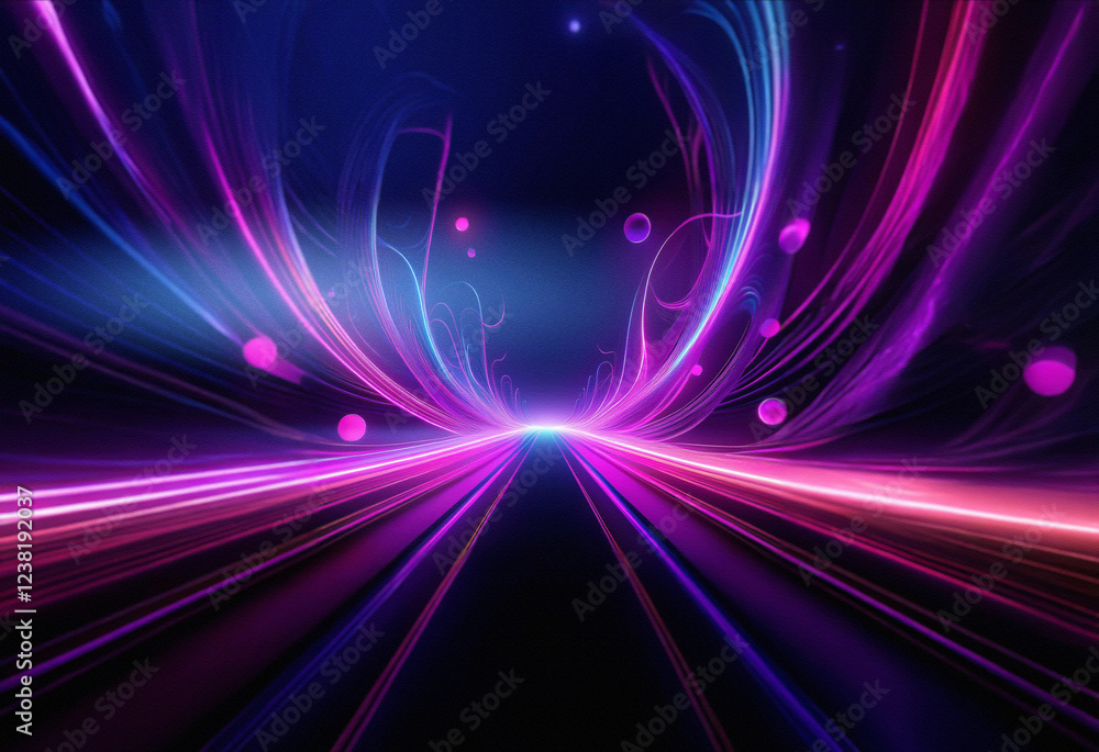 Poster abstract sci-fi double exposure artwork. glowing pink and blue streaks converge on a central path, c