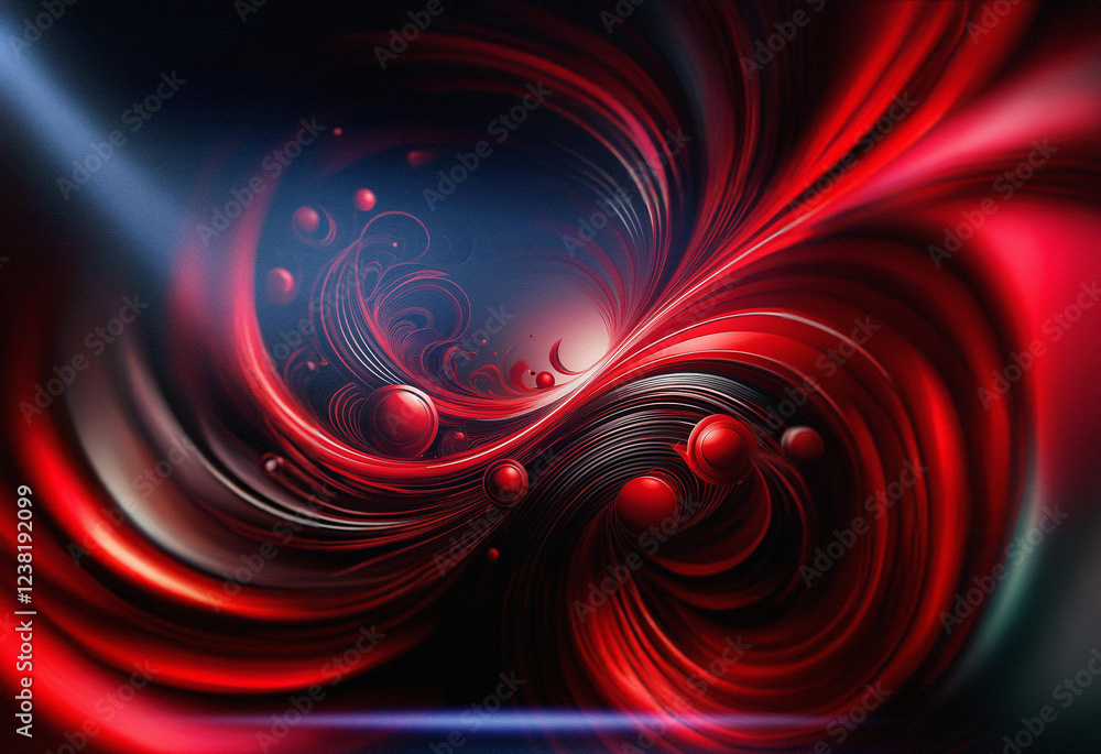 Poster Abstract sci-fi background featuring a double exposure effect. Swirling red and black forms create a mesmerizing, dynamic vortex with glowing spheres.