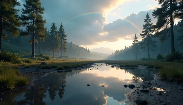 Serene Mountain Lake at Sunrise with Misty Rainbow Reflection