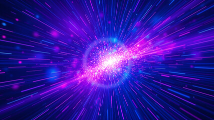Fototapeta premium Abstract background in blue and purple neon glow colors. Speed of light in galaxy. Explosion in universe. Space background for event, party, carnival, celebration, anniversary or. Generative AI