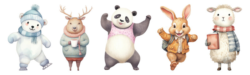 Obraz premium PNG Cute animal friends in winter attire, isolated element set, transparent background