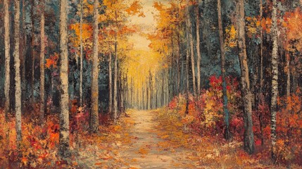 Obraz premium A peaceful forest path covered with autumn leaves, leading through tall trees in shades of orange, red, and yellow.