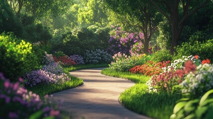 A peaceful garden path, gently curving through the lush greenery, lined with vibrant flowers and foliage.
