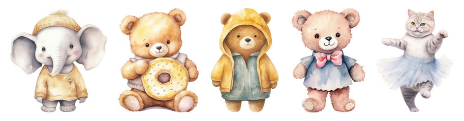 PNG Adorable animals in cute outfits, isolated element set, transparent background