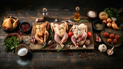 Assorted Chicken Recipe Display with Fresh Vegetables, Aromatic Spices, and Various Sauces on Rustic Wooden Surface, Ready for Cooking