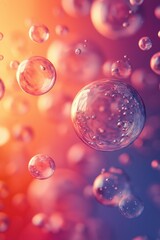 transparent bubbles floating in a dreamy, warm-toned atmosphere with soft orange and purple hues, creating a mesmerizing abstract composition with a sense of depth and motion