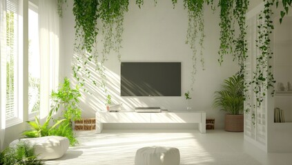 Modern minimalist living room with hanging plants and sunlight.
