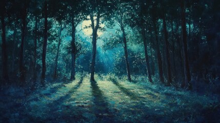 Fototapeta premium night walk in the woods, with moonlight filtering through the trees, casting soft shadows on the forest floor, creating a calm and relaxing experience.