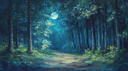 Obraz premium night walk in the woods, with moonlight filtering through the trees, casting soft shadows on the forest floor, creating a calm and relaxing experience.