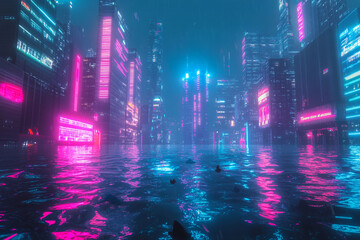 Naklejka premium Futuristic cityscape at night with neon lights and flooded streets under a moody, rainy sky