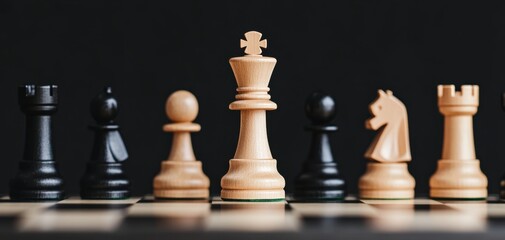 A close-up view of a classic chess set featuring wooden pieces, highlighting strategic gameplay and concentration, perfect for leisure activities.