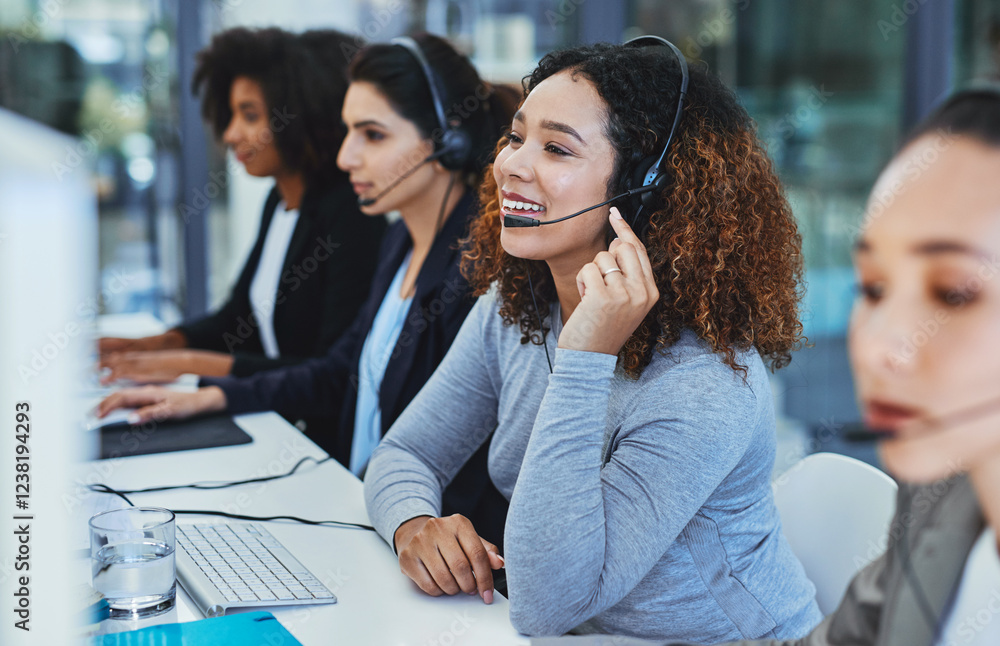 Poster virtual assistant, call center and woman on computer in office for talking, communication and consul