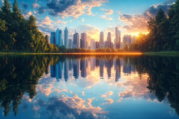 Fototapeta premium City skyline reflects in calm lake surrounded by trees during sunset with vibrant clouds and soft glow
