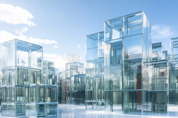 Transparent structures rise against a blue sky, showcasing modern architecture and creativity