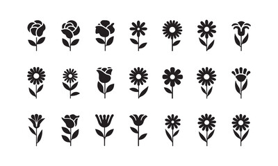 Set of simple flower icons in black and white. Vector illustration nature element plant shape. Floral leaf sign and garden collection blossom decorative style. Ornament flower.