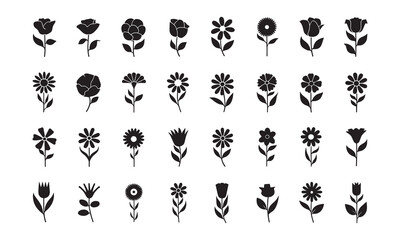 Set of simple flower icons in black and white. Vector illustration nature element plant shape. Floral leaf sign and garden collection blossom decorative style. Ornament flower.