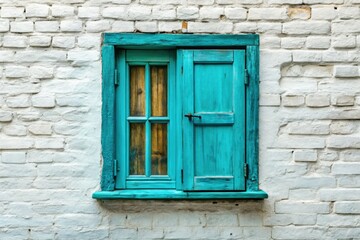 Fototapeta premium A turquoise wooden window, nestled in a brick frame, contrasts sharply against a pristine white wall.