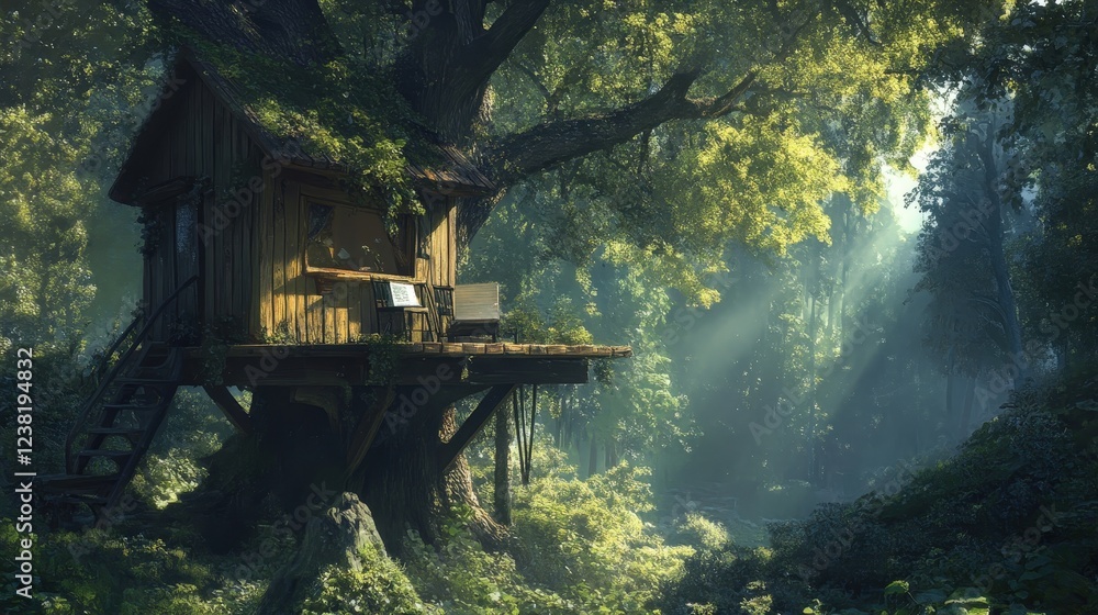Poster peaceful treehouse with a small desk and reading nook, situated in the middle of a forest clearing.