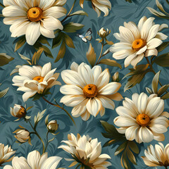 Fototapeta premium A vibrant floral pattern featuring large daisies and delicate butterflies on a blue background.