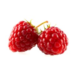 "Close-Up of Fresh Red Raspberry with Green Leaf on White Background