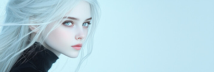 Fototapeta premium A moody side-angle shot highlighting the graceful cascade of her gray locks and the ethereal glow of her white eyes, set against a subtle, neutral background,