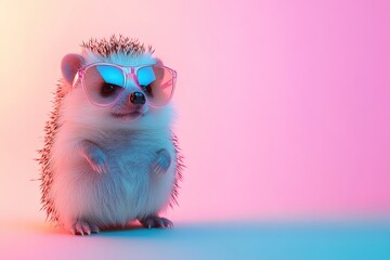 A charming hedgehog in sunglasses, set against a pastel backdrop for an editorial.blank templated, rule of thirds, space for text, isolated white background neon light, extreme right, rule of third