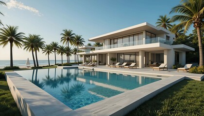 Fototapeta premium Modern Luxury Villa with Pool and Stunning Reflections