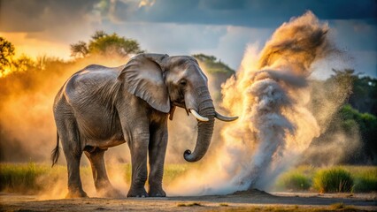 Fototapeta premium Botswana's Okavango Delta: A long-exposure captures an African elephant's rejuvenating dust bath.
