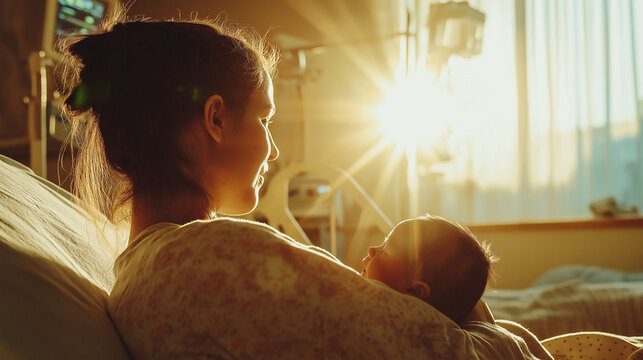Mother holding newborn baby in hospital room with warm sunrise light for parenting blogs, maternity care advertisements, family health brochures, and emotional storytelling campaigns
