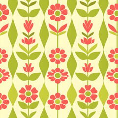 A vibrant floral pattern featuring pink flowers and green leaves on a light background.