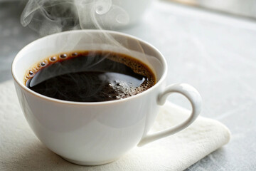 Morning Coffee Steam: A steaming cup of dark, rich coffee in a classic white mug, promising warmth and comfort on a cool morning. The subtle steam adds a touch of elegance. 