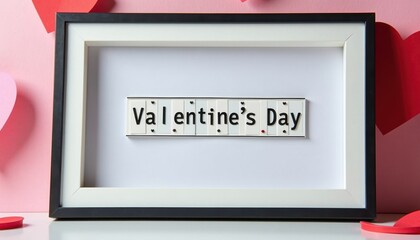 Obraz premium Valentine's Day Mockup Background with Pink Heart Decor and Black & White Frame