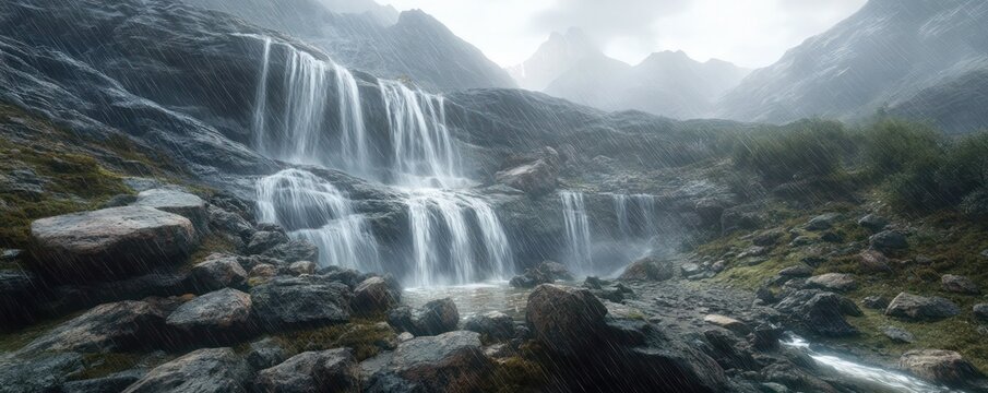 riny mountin pss with wterflls cscding down rugged rocks