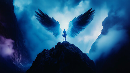 Dark angel silhouette with glowing wings standing atop a mountain for fantasy book covers, supernatural game art, mystical event posters, and epic adventure promotions