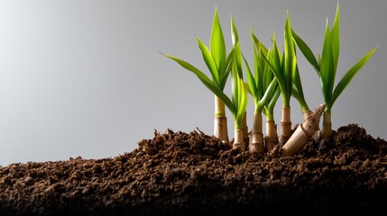 New Life Emerging: A Cluster of Young Bamboo Shoots Sprouting from Rich Soil Against a Neutral Background