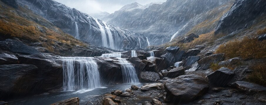 riny mountin pss with wterflls cscding down rugged rocks
