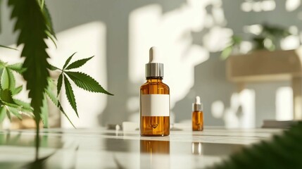 Fototapeta premium Amber Glass Dropper Bottle with Cannabis Leaves in Natural Light