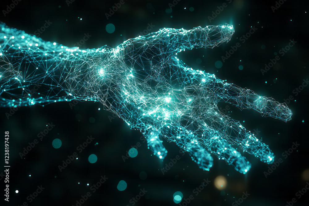 Aufkleber a surreal close-up focusing on a luminous wireframe torso and arms, each segment mapped in laser-lik