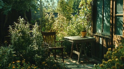 Obraz premium Cozy Garden Space with Chair and Table Surrounded by Lush Greenery