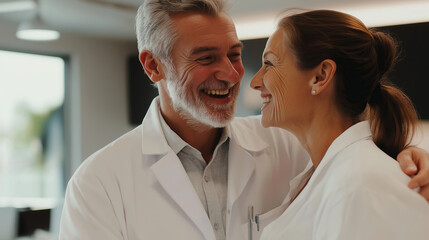 Obraz premium couple of two mature doctors smiling and laughing at each other