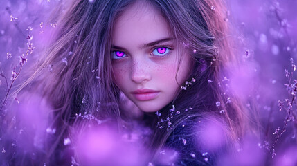 A natural outdoor scene featuring a beautiful young woman with long hair and vivid purple eyes, her direct look at the camera complemented by a softly blurred environment,