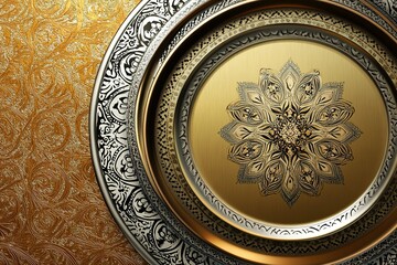 A design of a colorful patterned invitation or greeting card Gold and silver trays for serving sweets