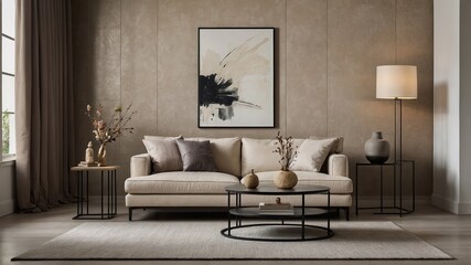 Cozy modern living room featuring neutral tones and minimalist decor in a serene indoor setting