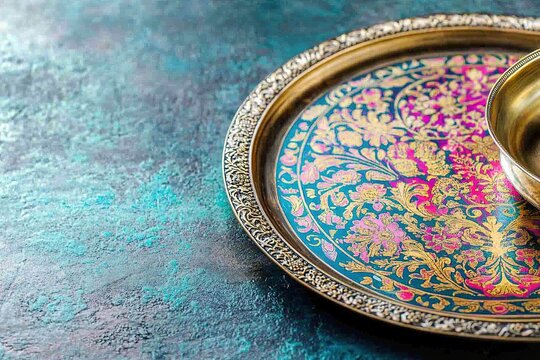 A design of a colorful patterned invitation or greeting card Gold and silver trays for serving sweets - Powered by Adobe